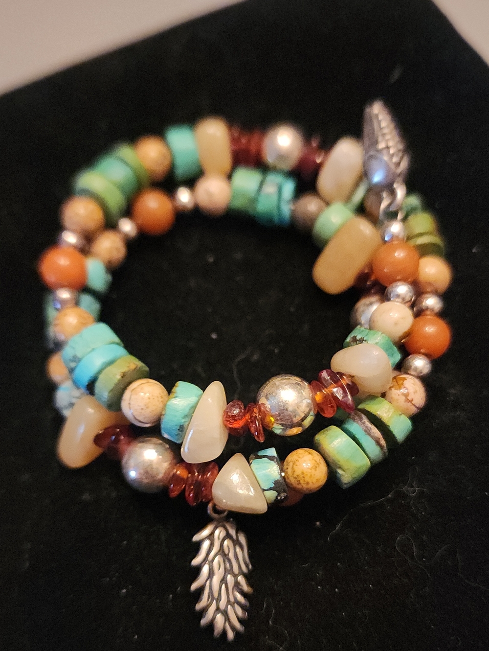 Turquoise and Amber Beaded Wrap Bracelet with Silver Charm